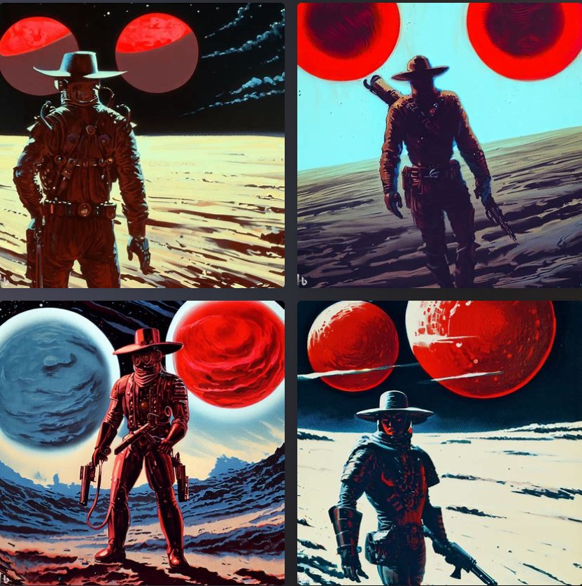 Imagem criada através do Bing Image Creator com o prompt: "Me faça um desenho adequado para a capa de uma revista Pulp de ficção científica, mostrando um vaqueiro (cowboy) com traje espacial em um planeta sem ar, com duas luas vermelhas no céu."